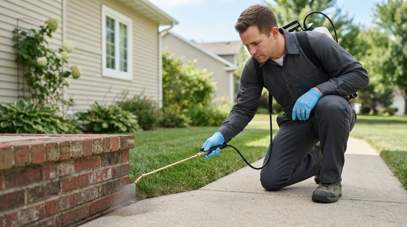 Pest control technician treating a home near White Castle, LA